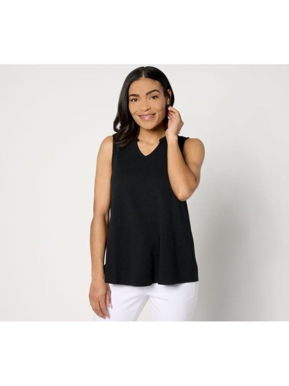 Denim & Co. Women Top Sz M Essentials Favorite Jersey Split Neck Black A648429